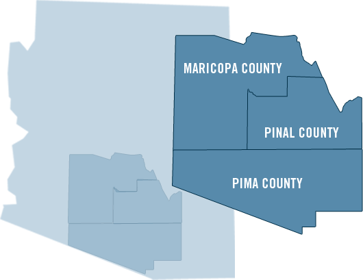 Map of Arizona Service Area, highlighting Maricopa, Pinal, and Pima Counties